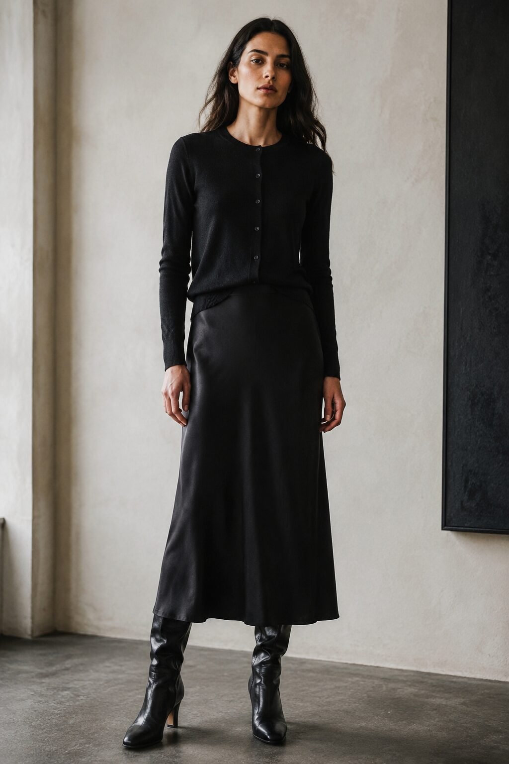 how to style a cardigan with a midi skirt: black cashmere cardigan tucked into black silk midi skirt and knee-high boots