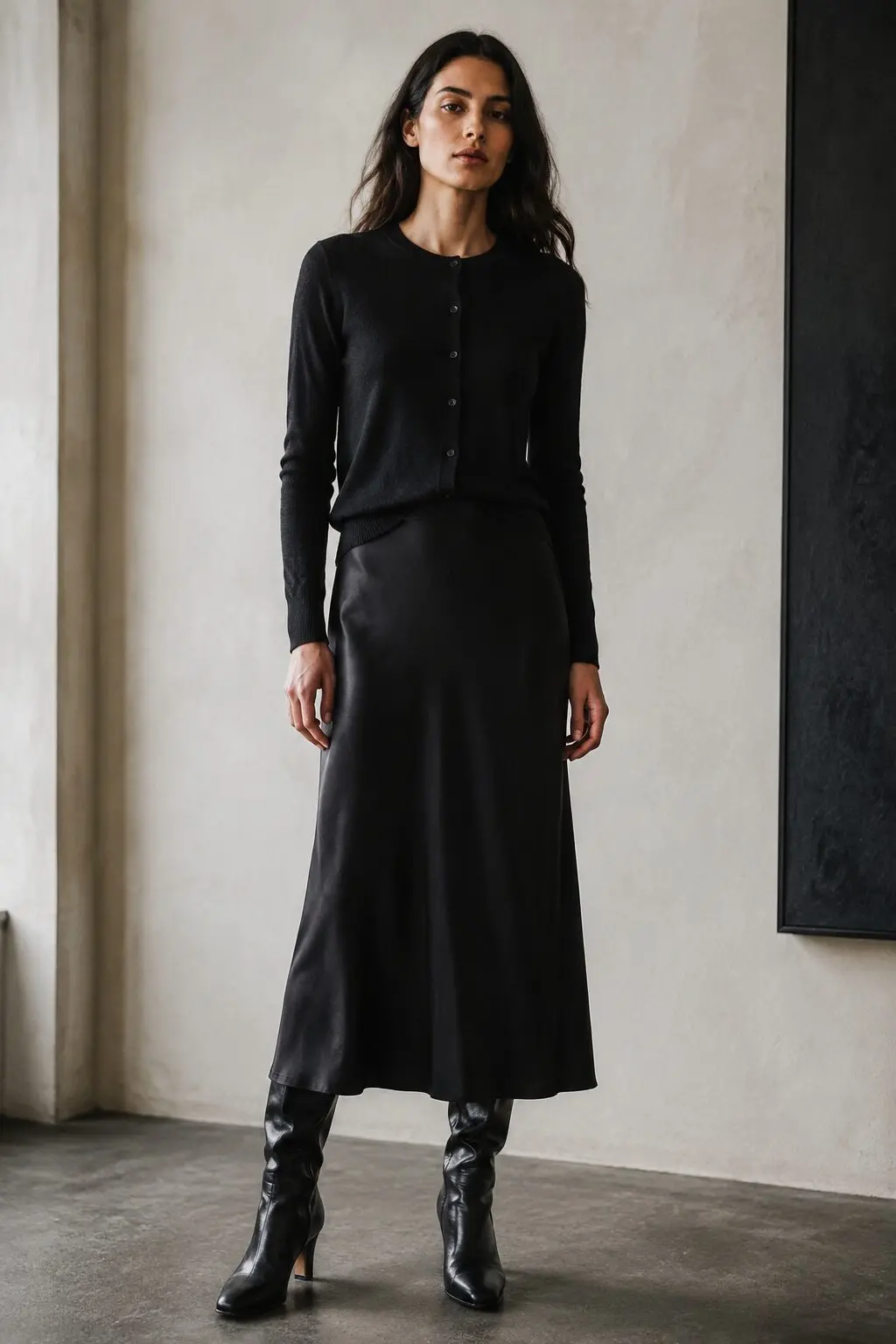 how to style a cardigan with a midi skirt: black cashmere cardigan tucked into black silk midi skirt and knee-high boots
