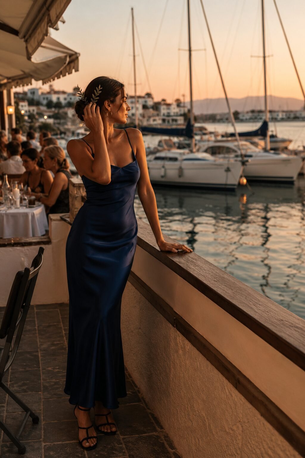 witchy outfits for fall date night: fitted navy silk maxi dress with strappy heels