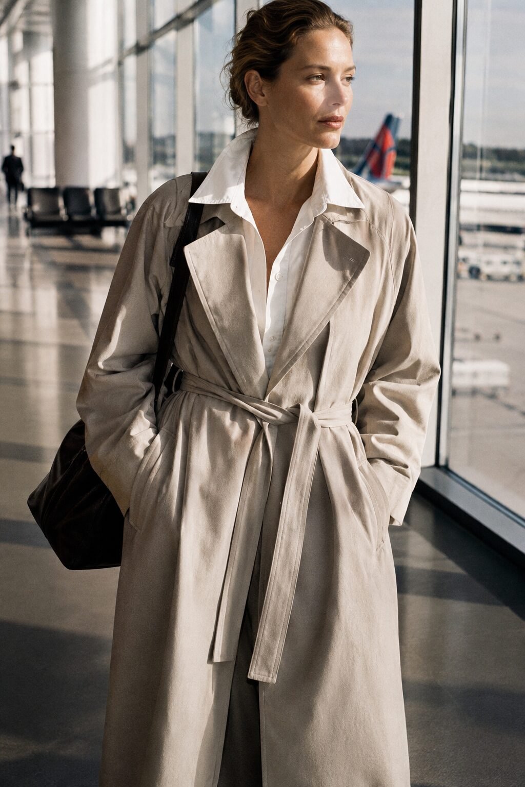 travel-friendly white shirt outfit: linen shirt layered under a belted stone trench coat