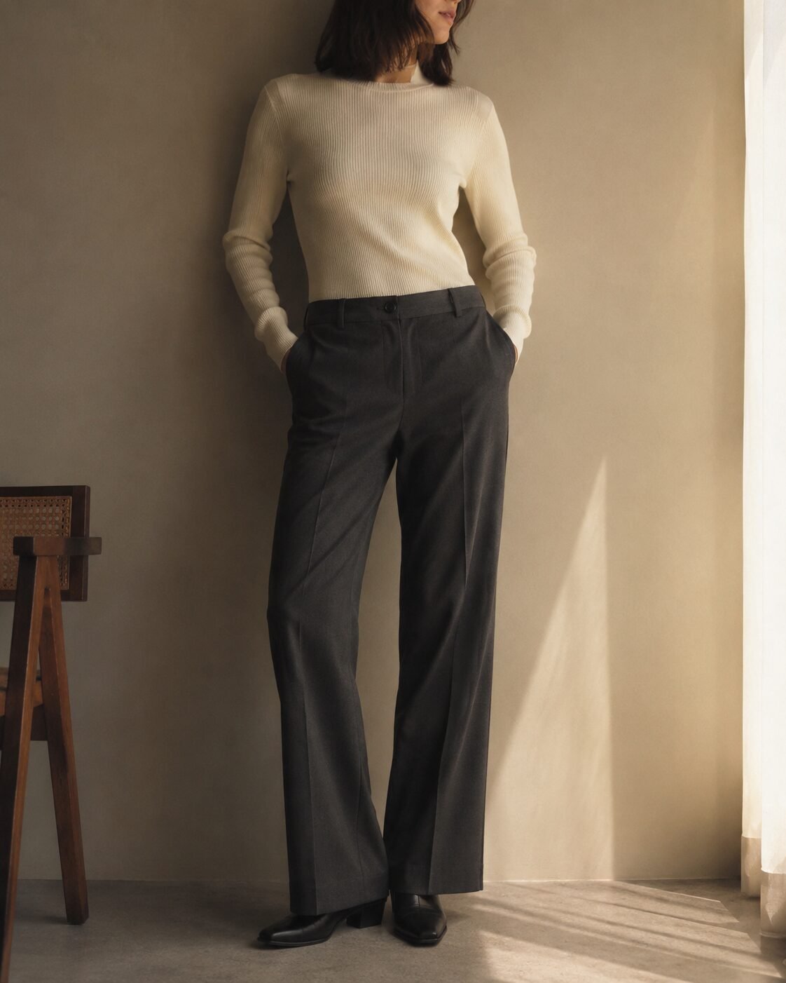 affordable quiet luxury fall outfit: tailored charcoal straight-leg trousers