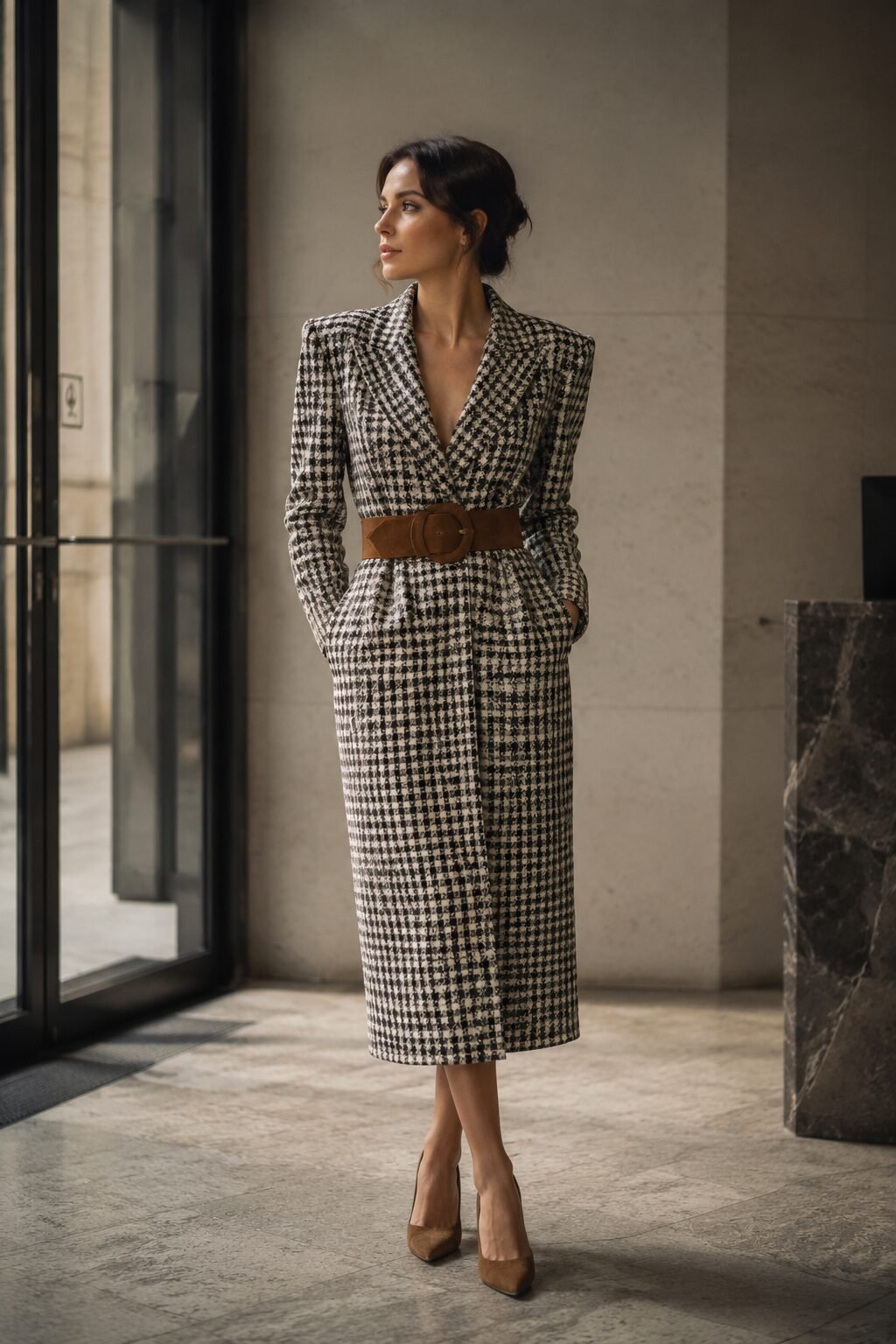 80s inspired christmas outfits, tweed blazer dress cinched with a suede belt for Christmas Eve office party