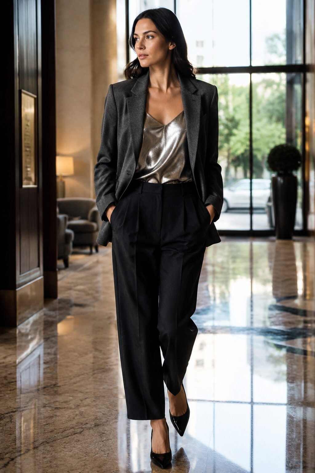 charcoal coal melange wool blazer and black tailored trouser worn open over a metallic camisole, a Christmas color trends 2026 New Year's party outfit