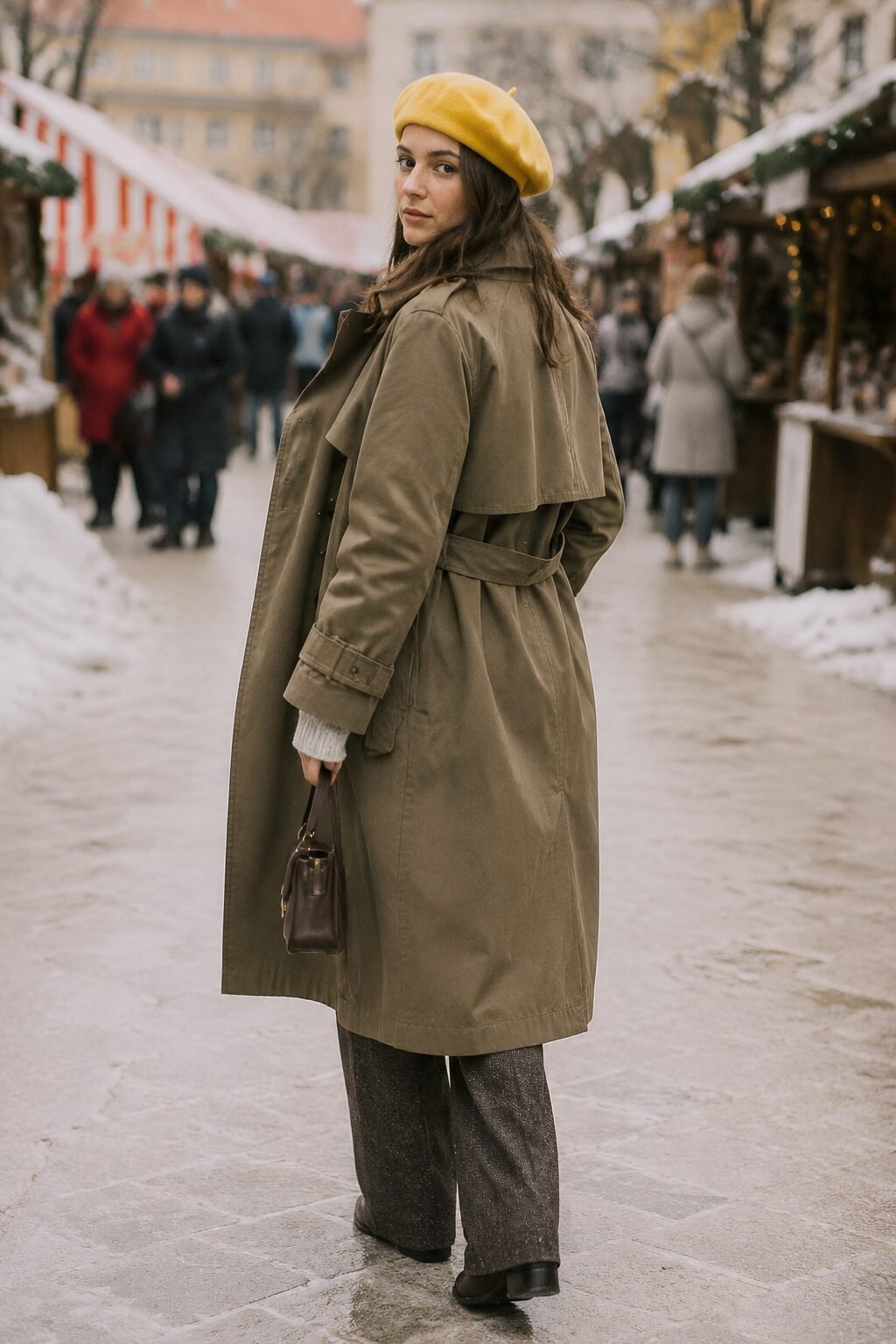 khaki belted trench coat with a canary yellow wool beret, a winter market christmas outfit