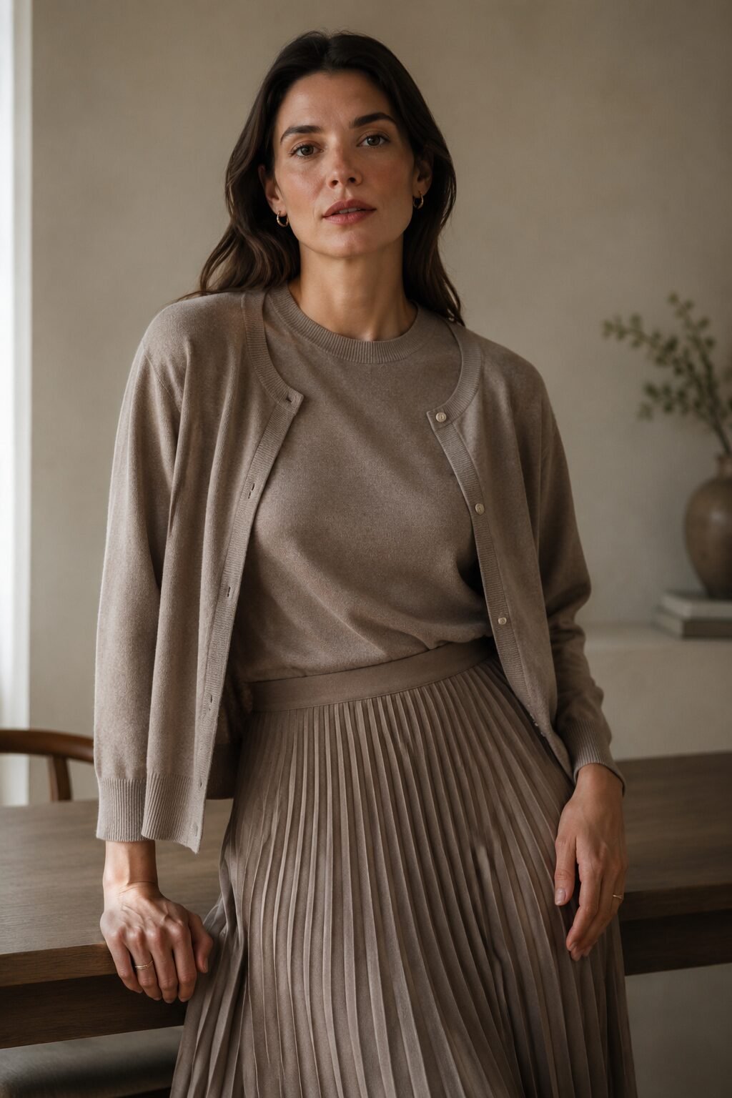 taupe cashmere twin-set with pleated midi skirt, elegant christmas lunch outfit for hosting at home