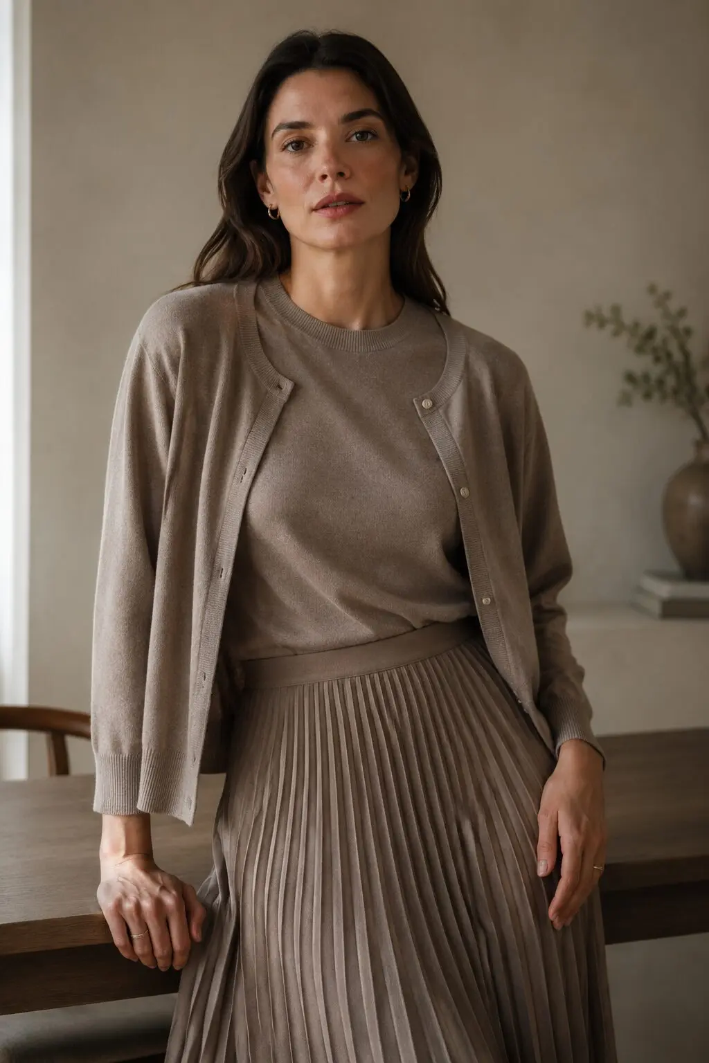 taupe cashmere twin-set with pleated midi skirt, elegant christmas lunch outfit for hosting at home