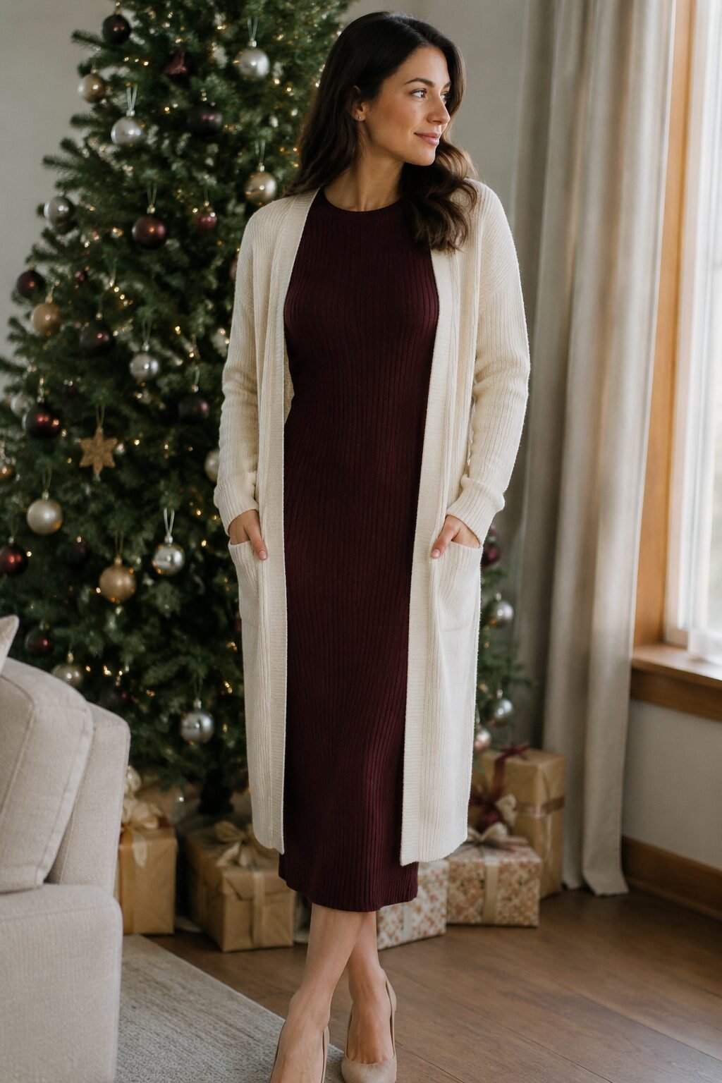 cozy christmas day outfit idea: burgundy ribbed knit midi dress with a long open cardigan