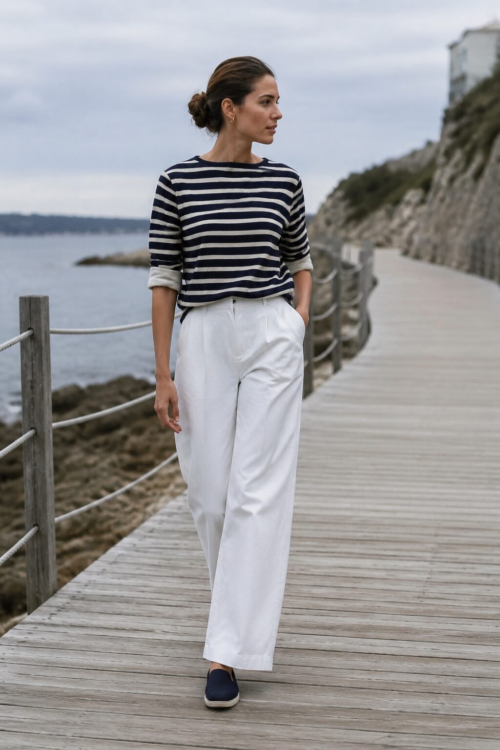 carolyn bessette kennedy outfit inspiration: navy and white boatneck sweater with wide-leg trousers