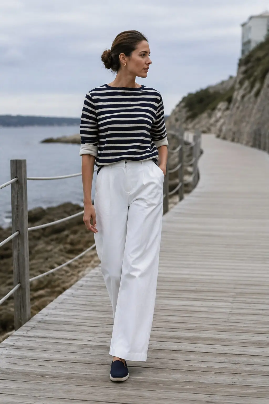 carolyn bessette kennedy outfit inspiration: navy and white boatneck sweater with wide-leg trousers