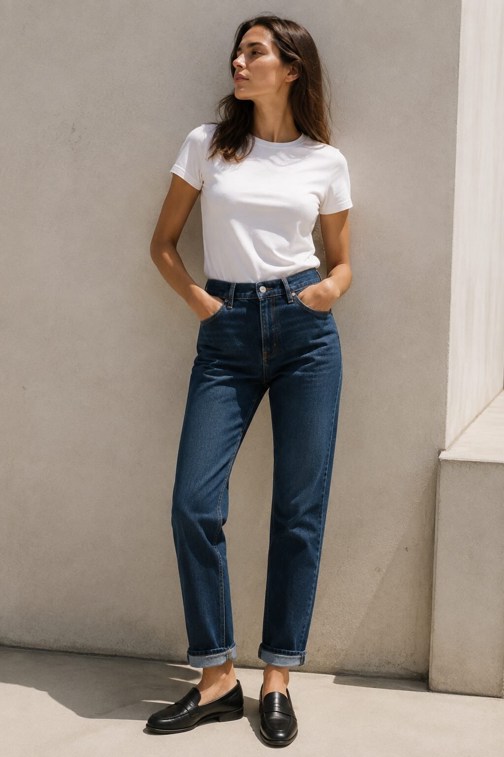 woman in a minimalist 90s outfit wearing a fitted white tee with classic straight-leg indigo denim jeans