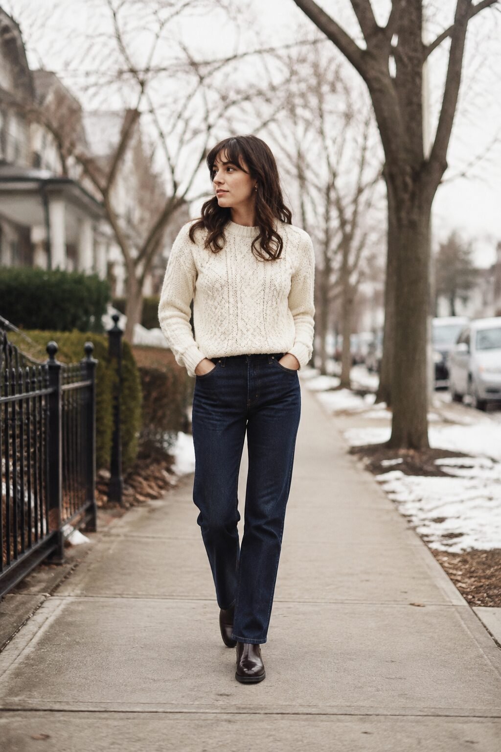 casual family christmas outfits coordinated with denim: mother in dark-wash jeans and a cream chunky knit