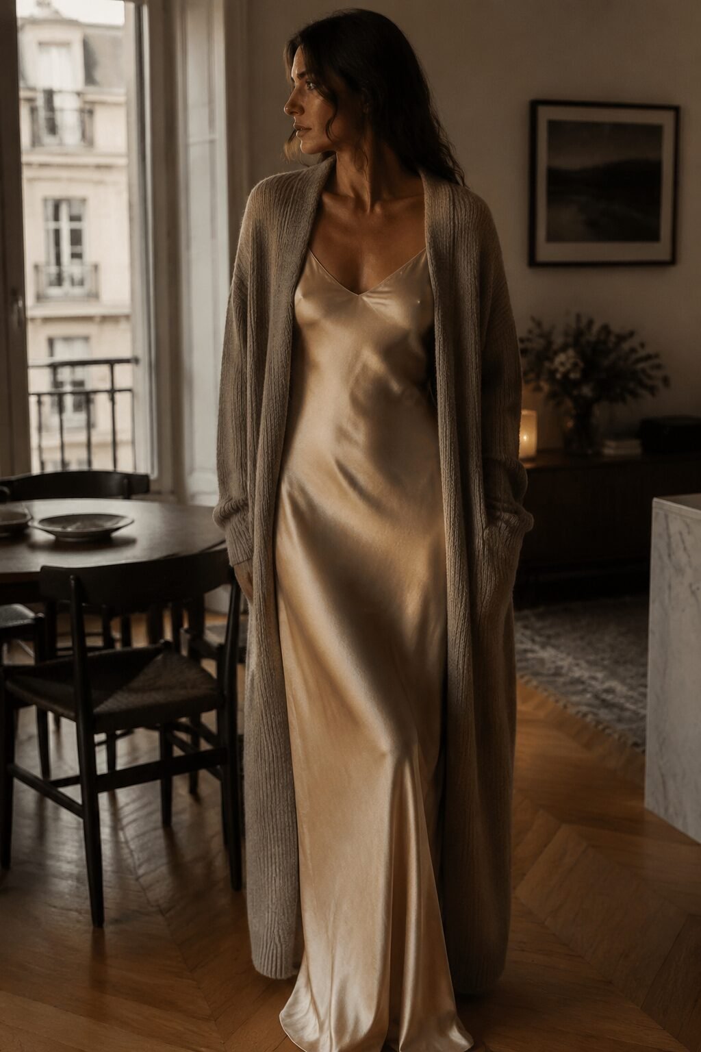 champagne silk slip dress and long taupe wool cardigan dinner party outfit inspired by carolyn bessette kennedy