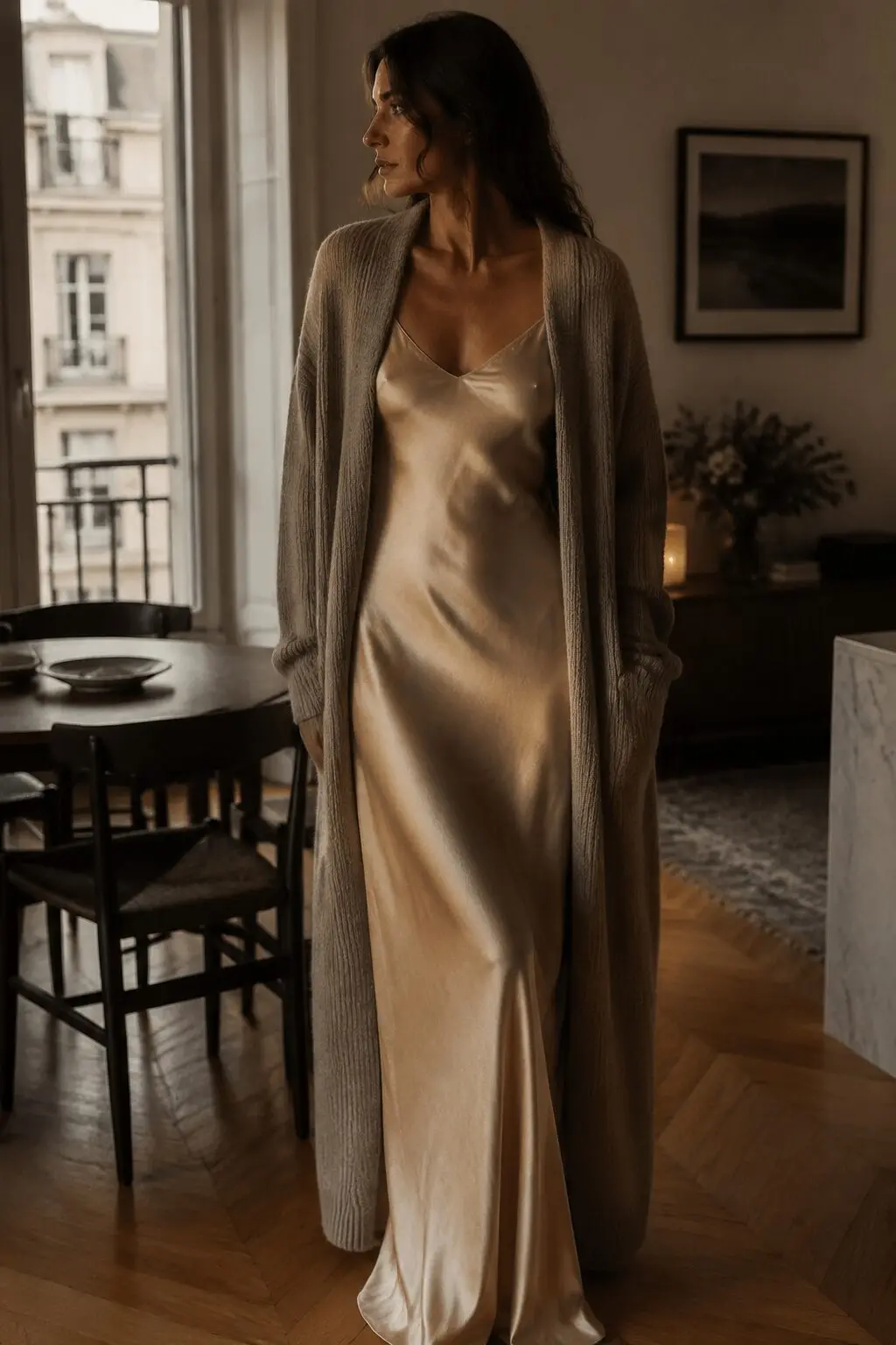 champagne silk slip dress and long taupe wool cardigan dinner party outfit inspired by carolyn bessette kennedy