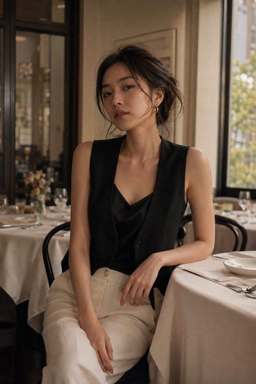 affordable carolyn bessette kennedy style dinner outfit: black silk cami and vest with an ivory trouser