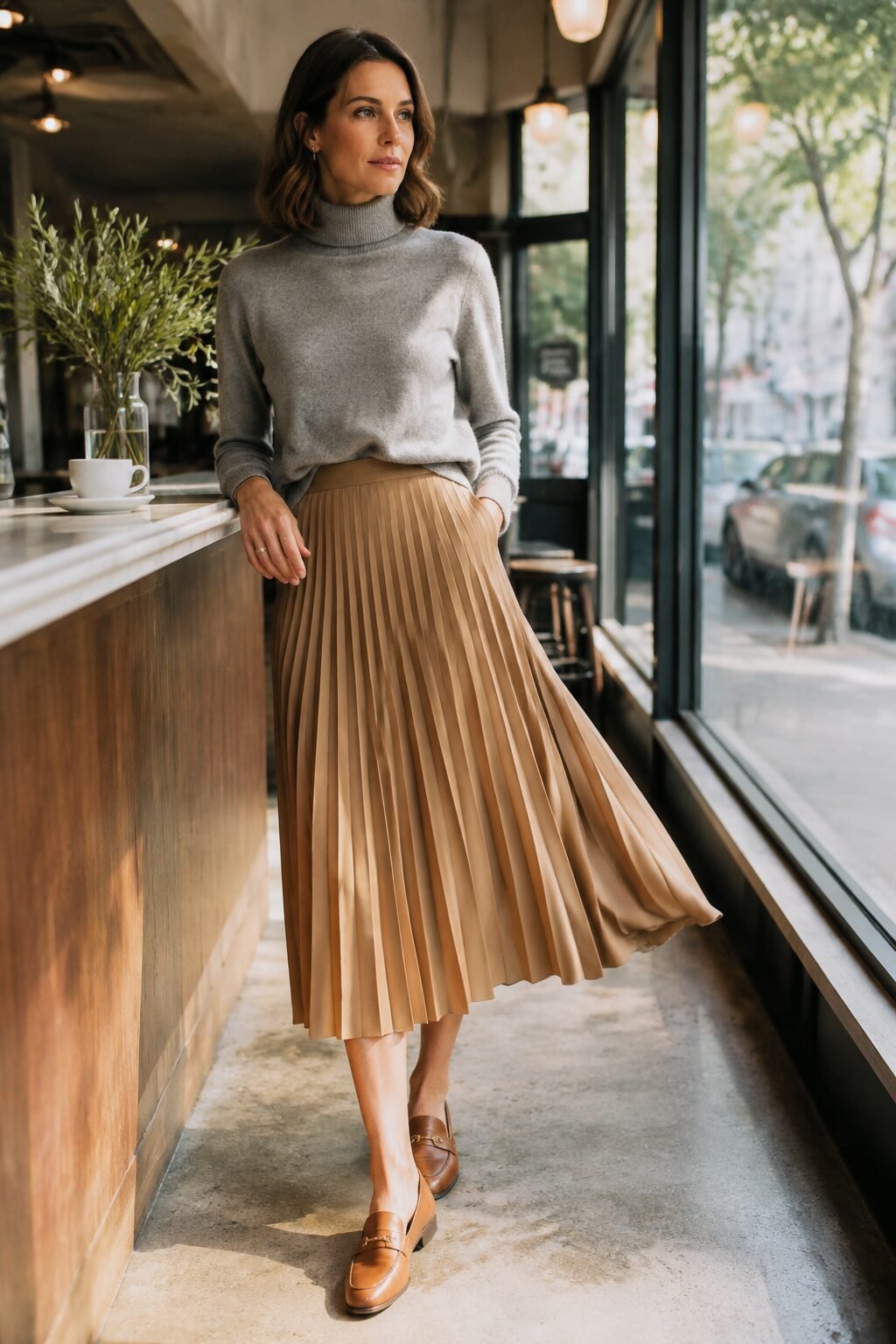 fall capsule outfit formula: grey marl turtleneck tucked into a camel pleated midi skirt with loafers