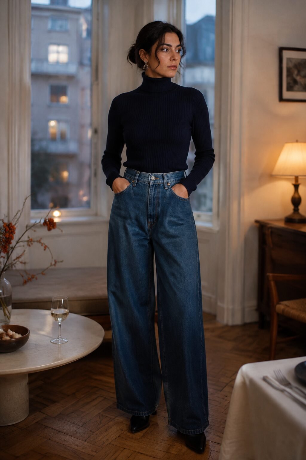 cool toned winter outfit: navy sweater tucked into wide-leg jeans for a New Year's Eve week party