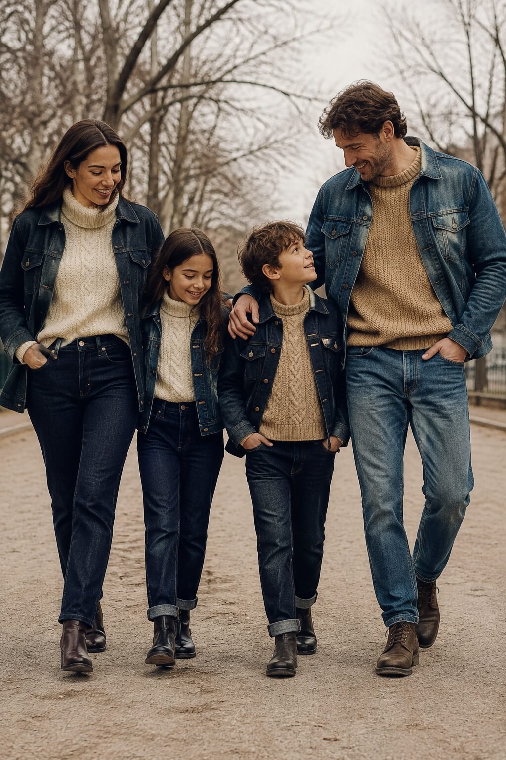 casual family christmas outfits coordinated with denim: mother in dark-wash jeans and a cream chunky knit