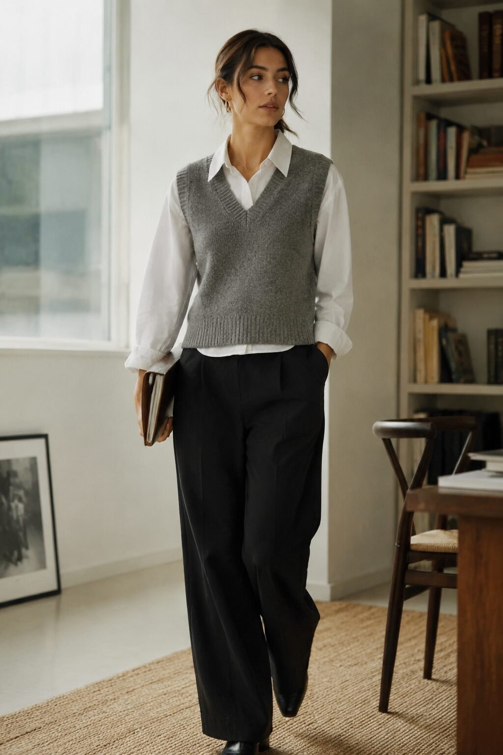 grey knit vest layered over white button-down and black trousers, fall capsule wardrobe outfit