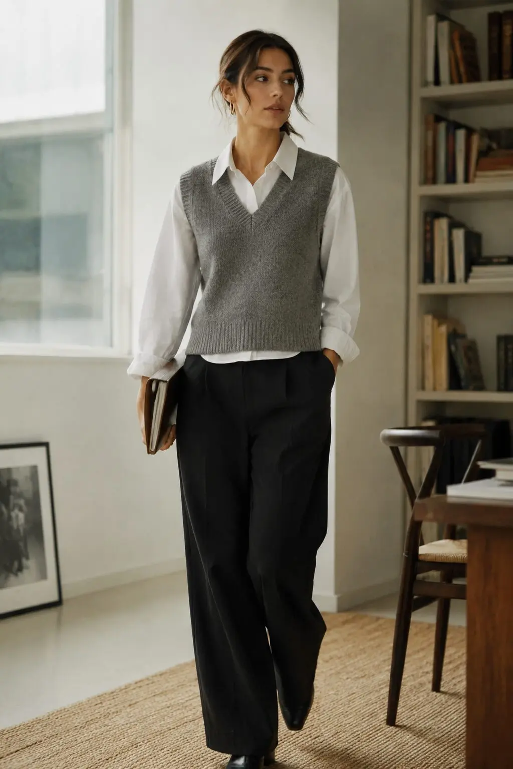 grey knit vest layered over white button-down and black trousers, fall capsule wardrobe outfit