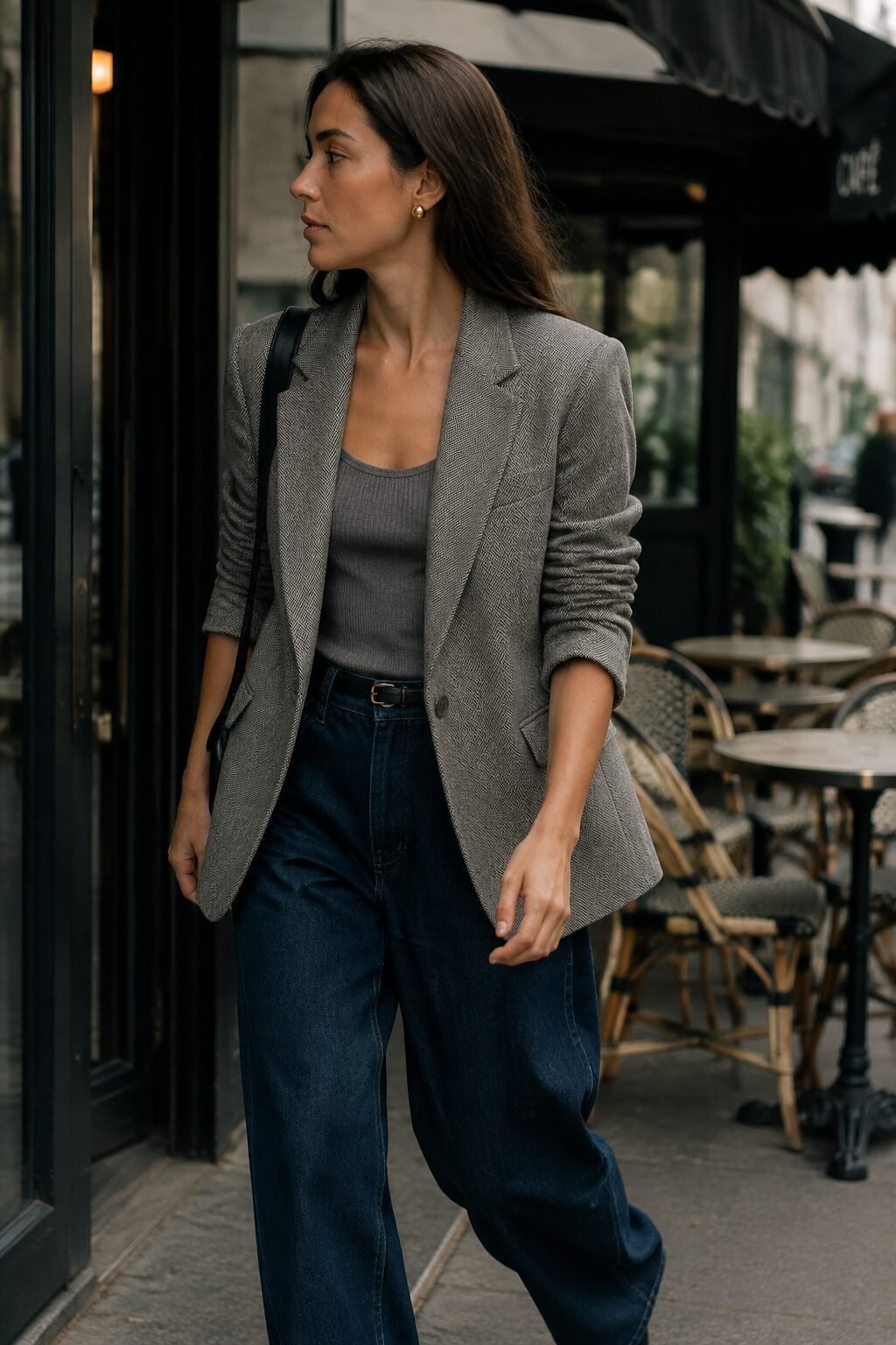 casual Carolyn Bessette Kennedy blazer outfit: grey herringbone blazer over dark-wash wide-leg jeans