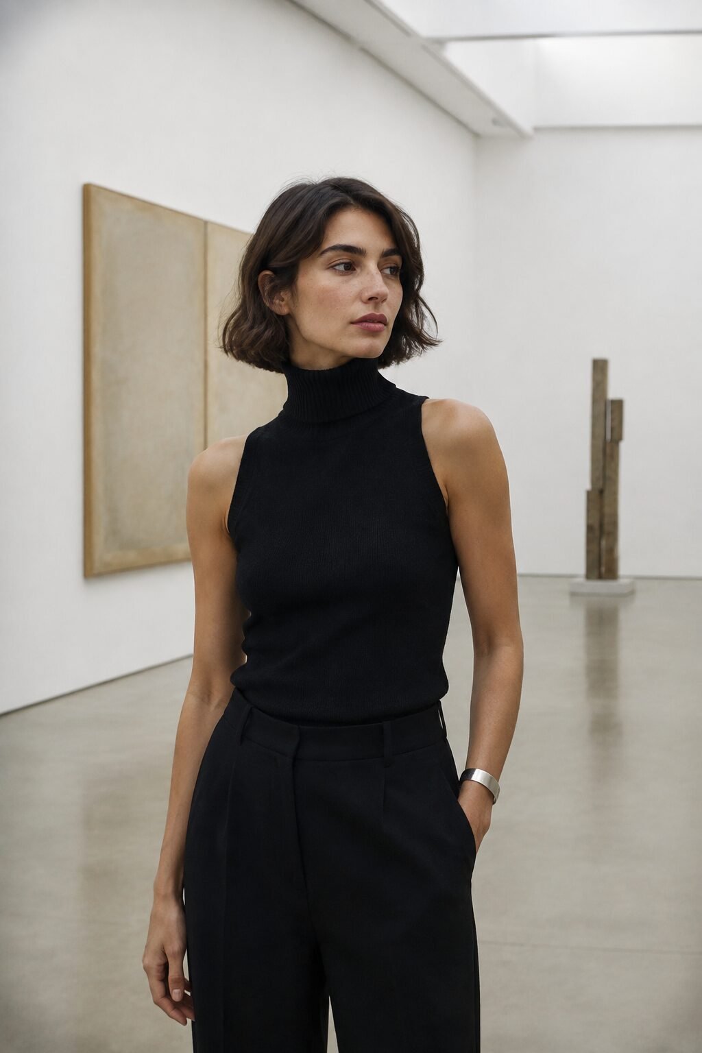 gallery opening black pants outfit: sleeveless black turtleneck with ankle-grazing cropped straight black trousers