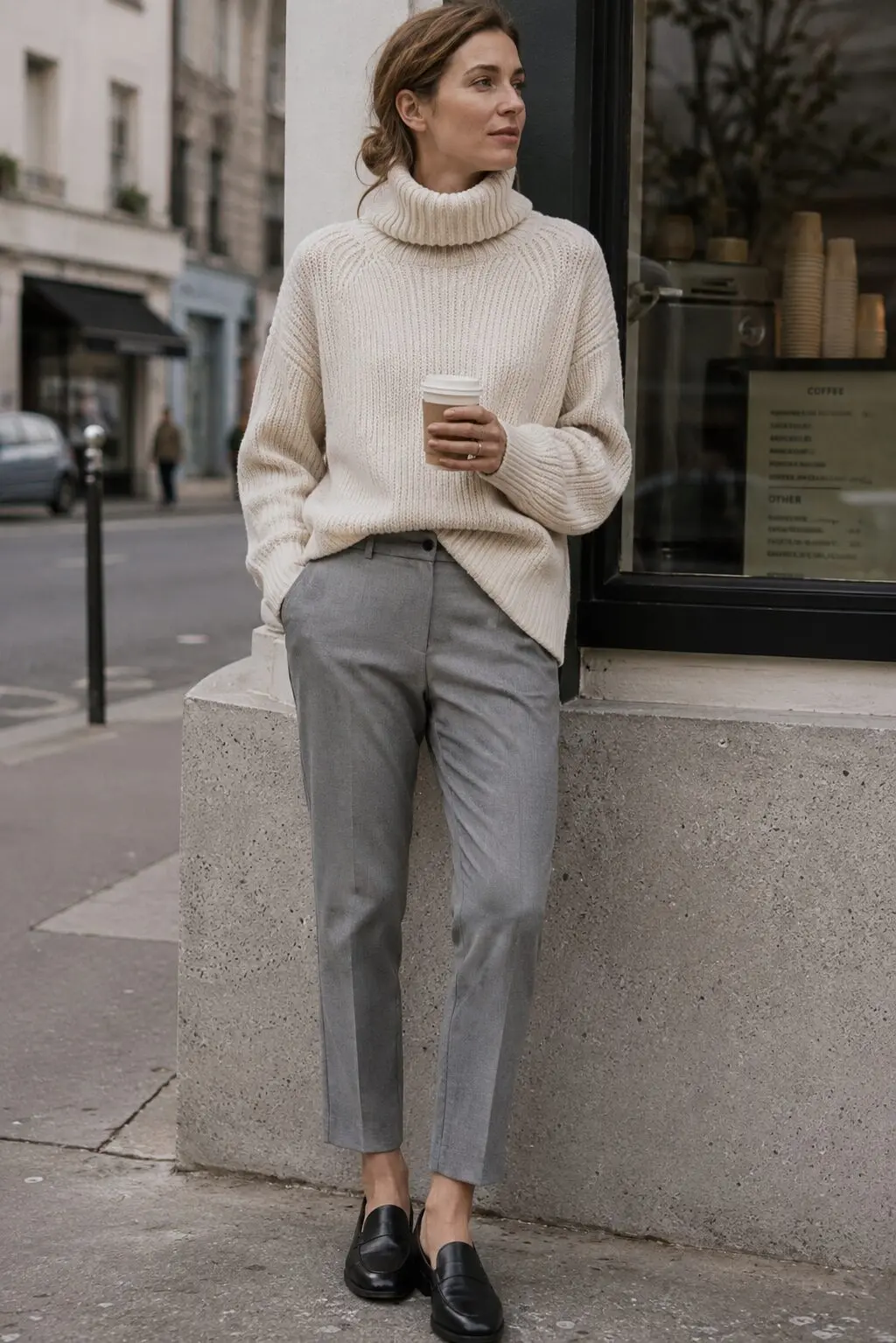 stone grey cigarette pants and chunky cream turtleneck outfit for a casual coffee run