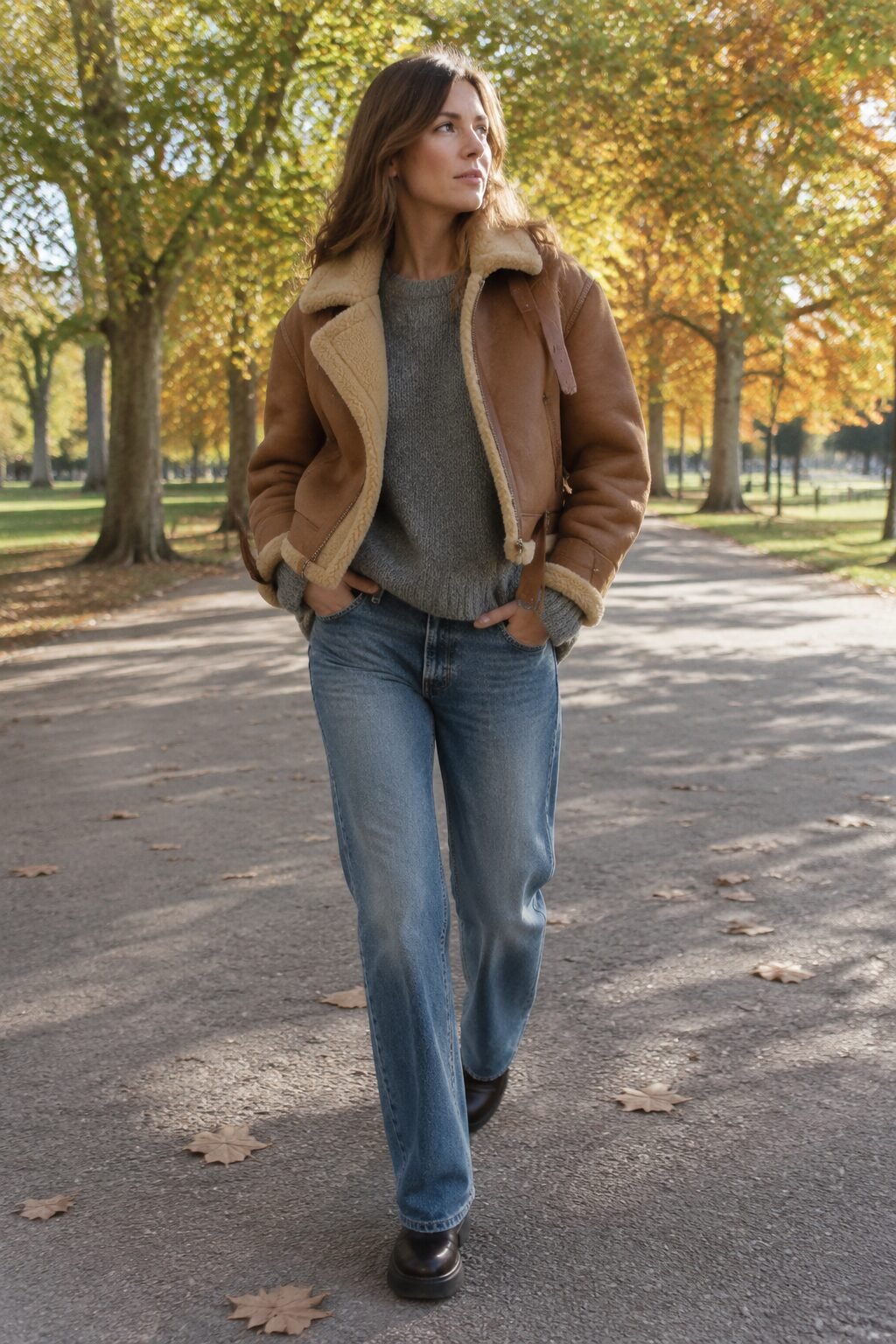 cropped shearling aviator coat, grey sweater, and straight-leg jeans, cozy fall jeans and coat outfit