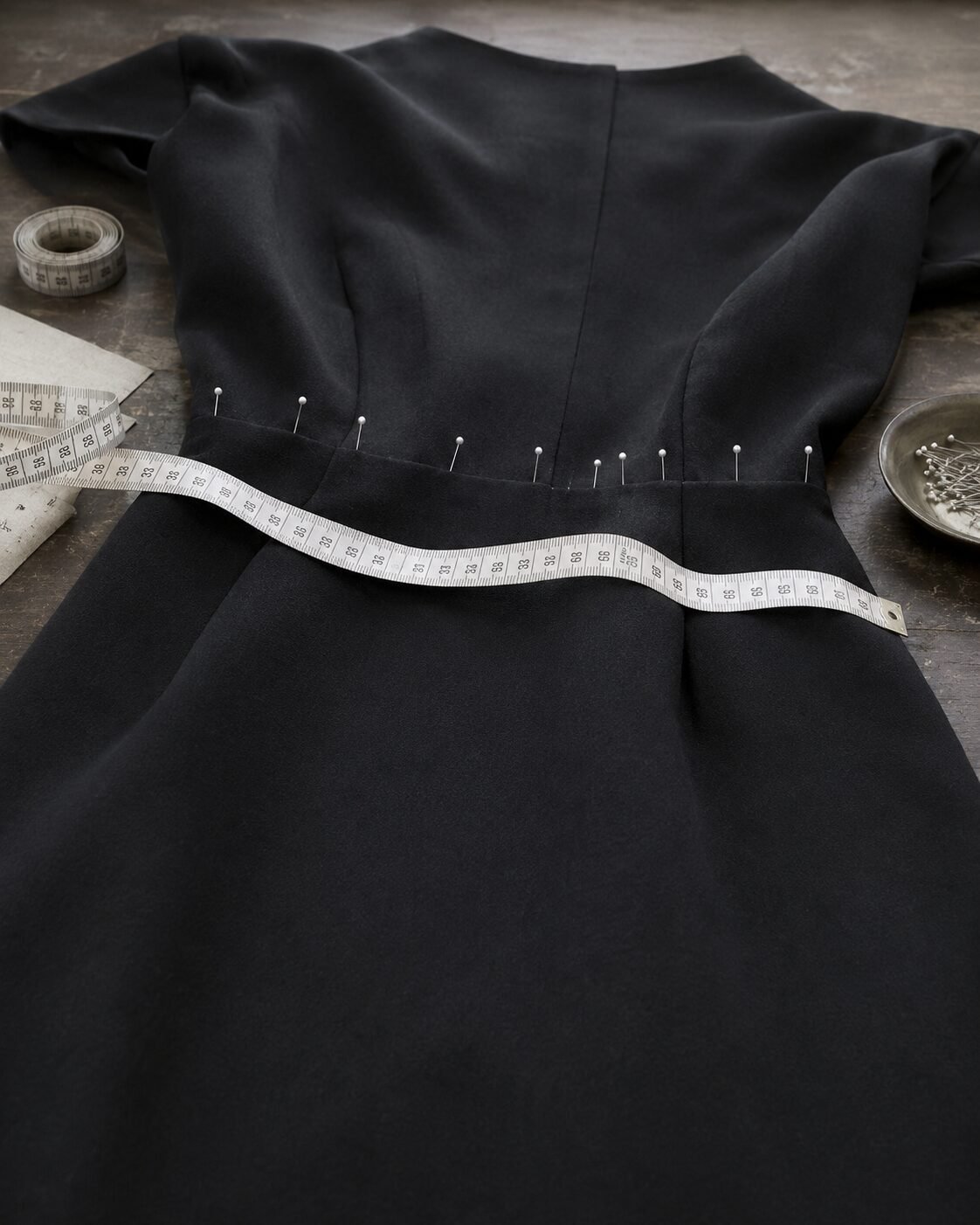 cheap christmas outfit look expensive: well-tailored dress fitted precisely at the waist