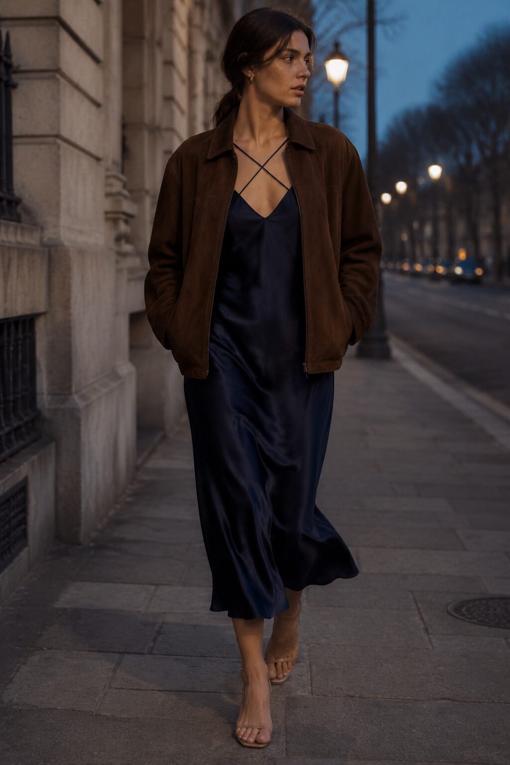 how to style a suede jacket for evening: chocolate suede jacket over a navy satin slip dress