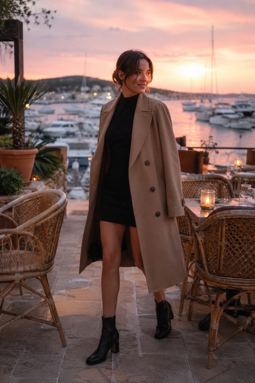 fall capsule wardrobe date night outfit: camel trench coat open over a black knit dress with black ankle boots