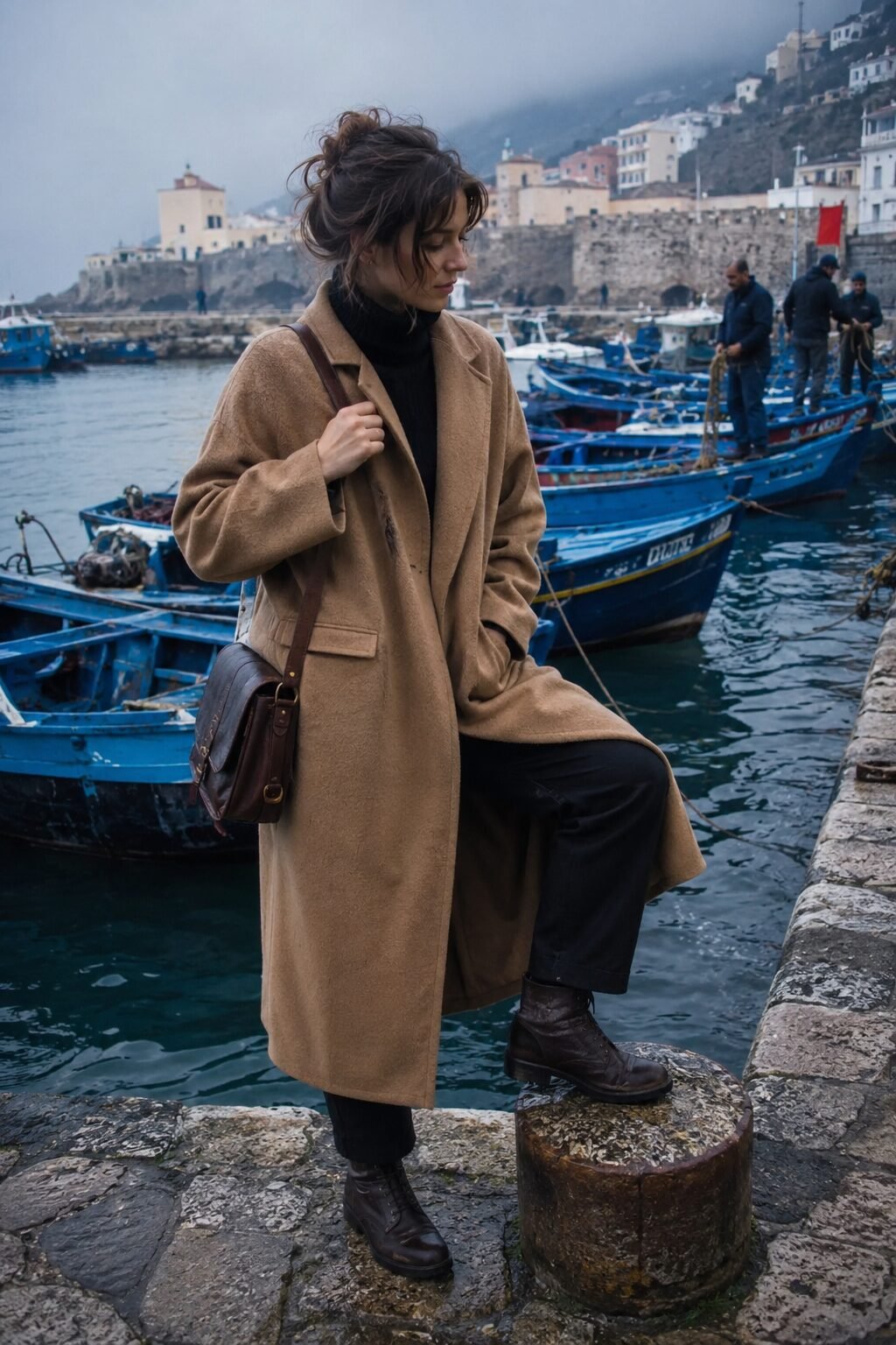 elevated witchy fall outfit: camel oversized wool coat over a black turtleneck