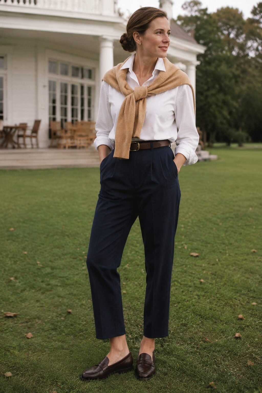 preppy white shirt outfit: navy chinos with a camel cashmere sweater draped over the shoulders