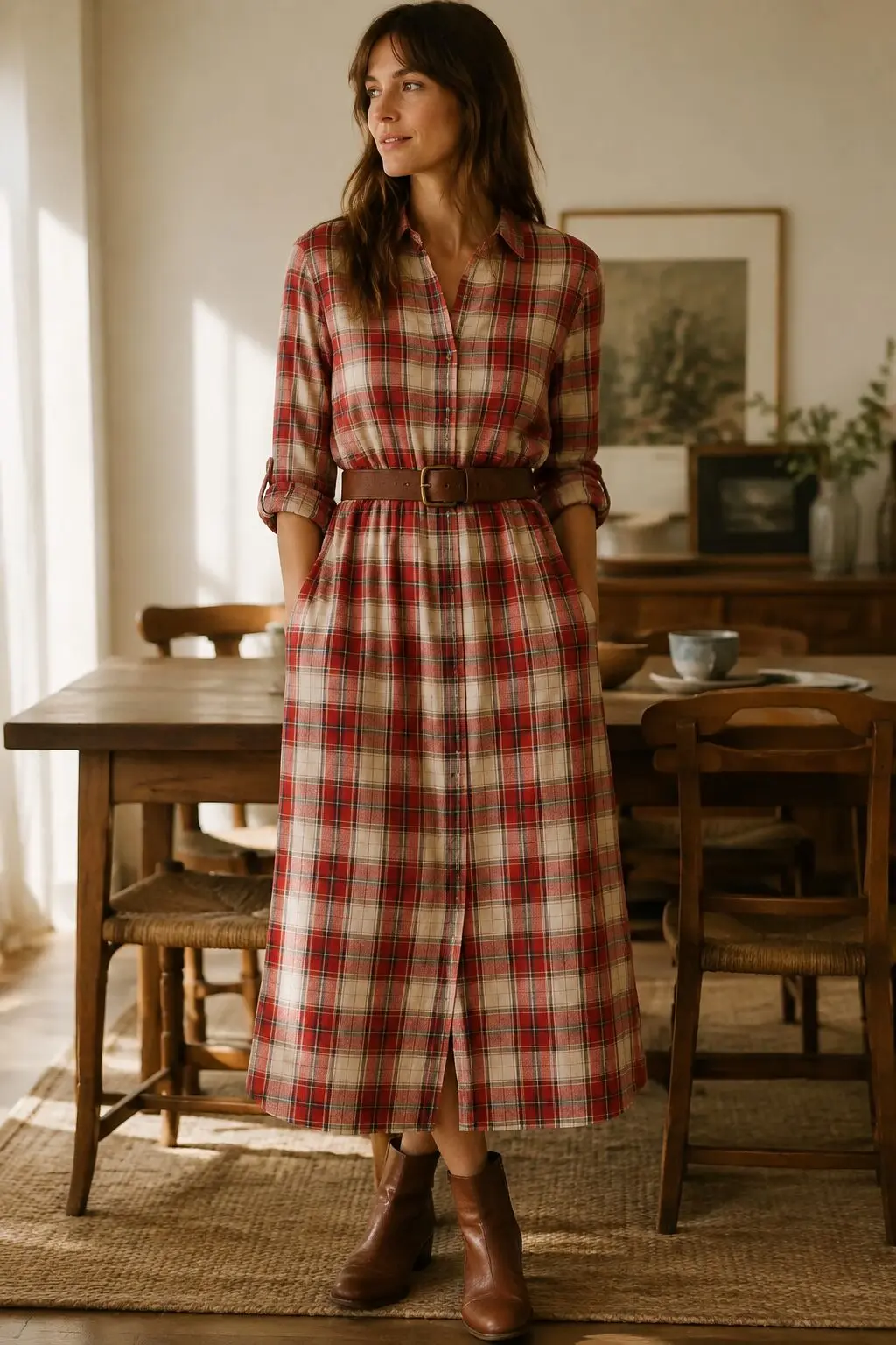 red plaid shirt dress cinched with a leather belt, casual elegant christmas lunch outfit