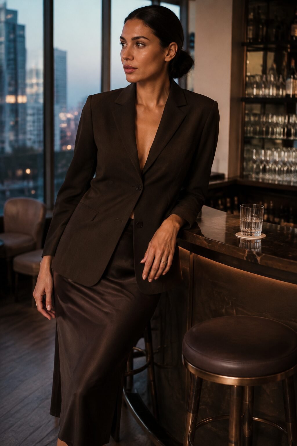 espresso fitted blazer over a matching bias-cut slip skirt, a 90s minimalist cocktail hour outfit