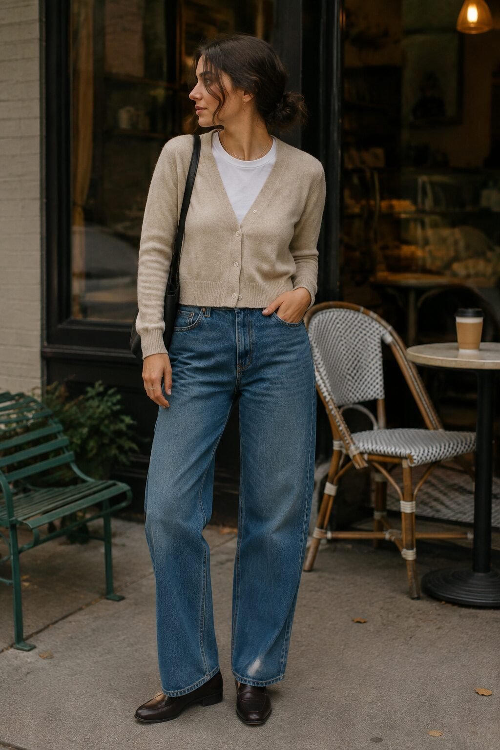 Carolyn Bessette Kennedy inspired outfit ideas: oatmeal cropped cardigan with high-waist denim for weekend style