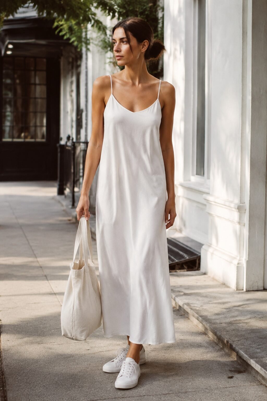 90s minimalist slip dress outfit: soft white jersey slip dress with minimal white sneakers