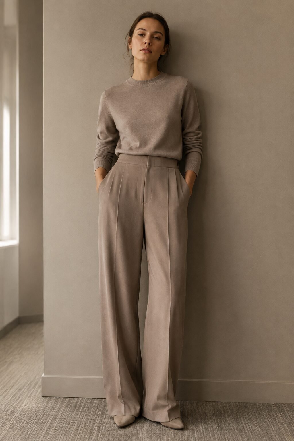woman in a 90s minimalist office outfit wearing a taupe monochrome wide-leg trouser and tucked knit top