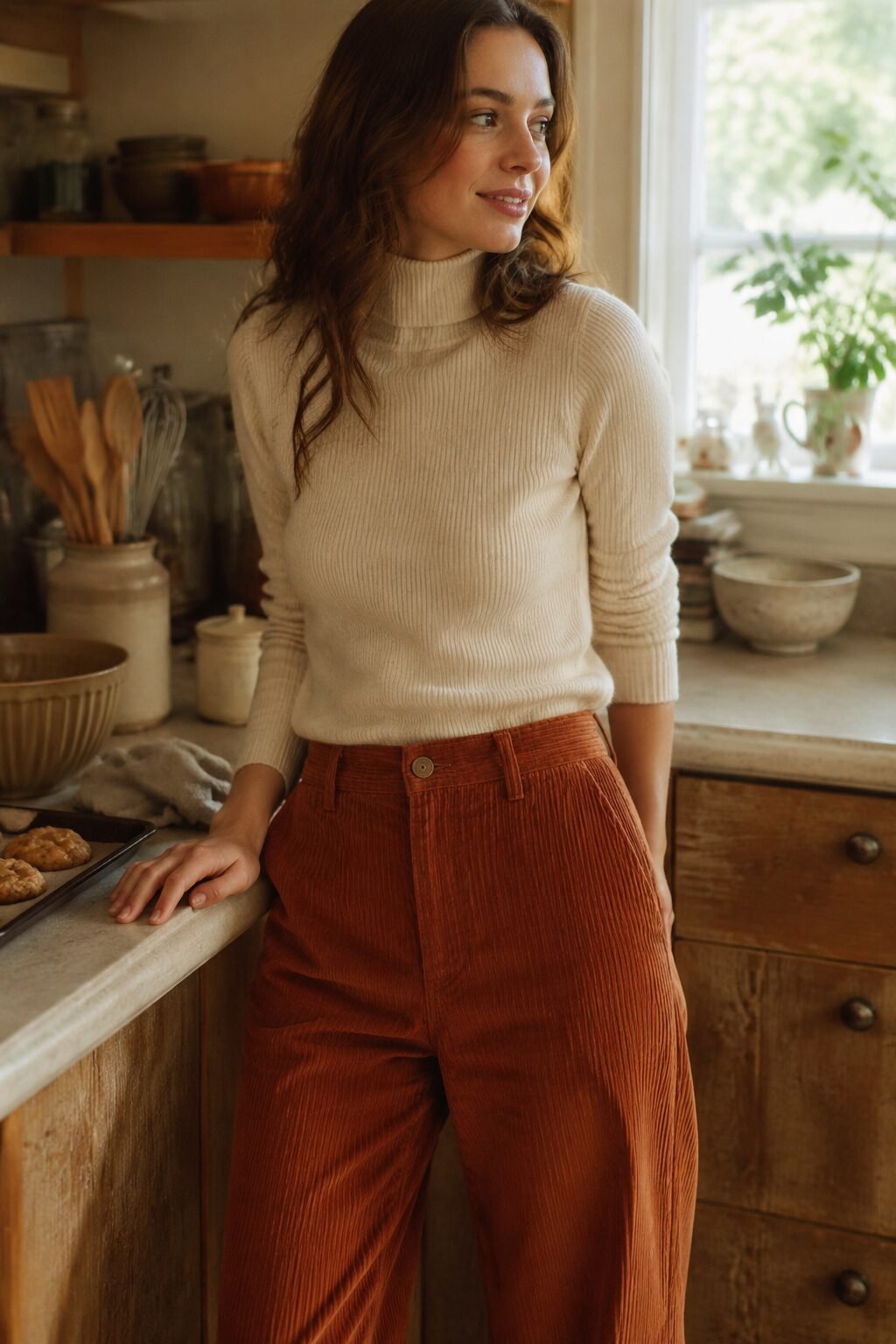 family christmas outfits in rust, camel, and cream corduroy for a cookie-baking afternoon