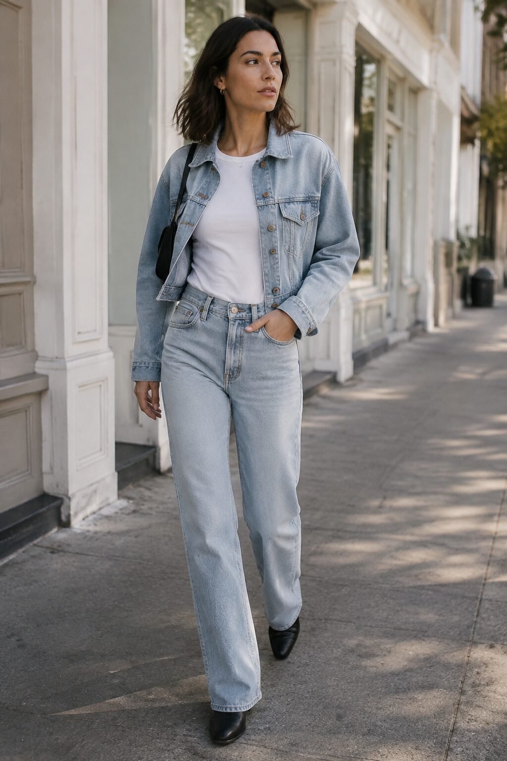 budget quiet luxury weekend outfit: tonal light-wash denim jacket and jeans with a white tee