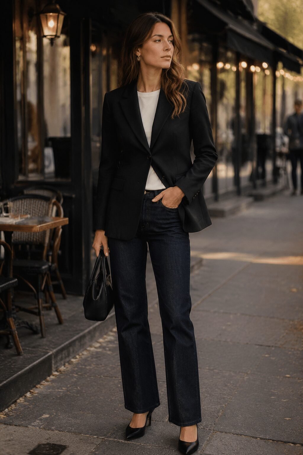 fall capsule outfit formula: black blazer over indigo straight-leg jeans with pointed heels