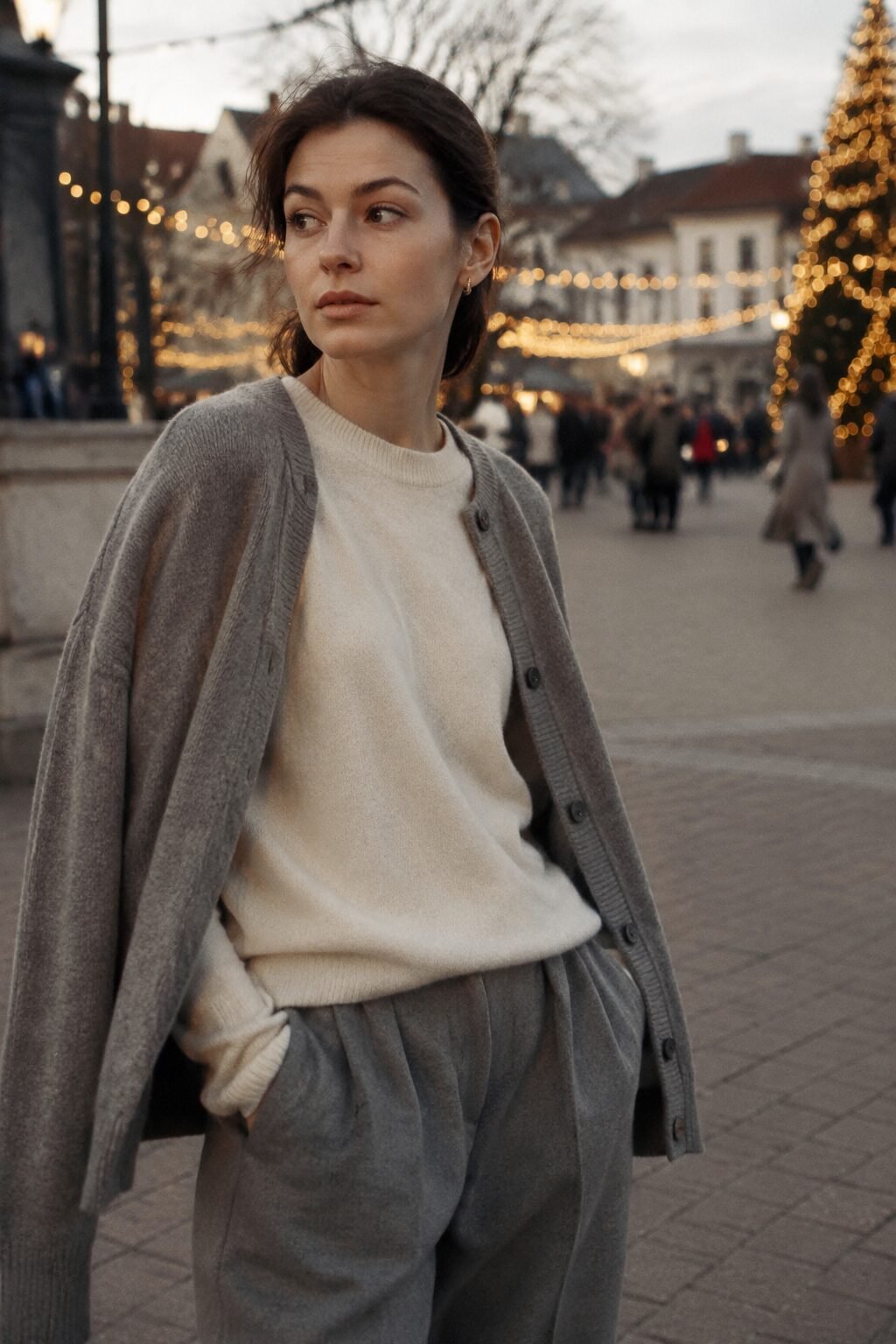 cool toned winter outfit: ivory cashmere sweater layered under a grey cardigan for an outdoor tree-lighting event
