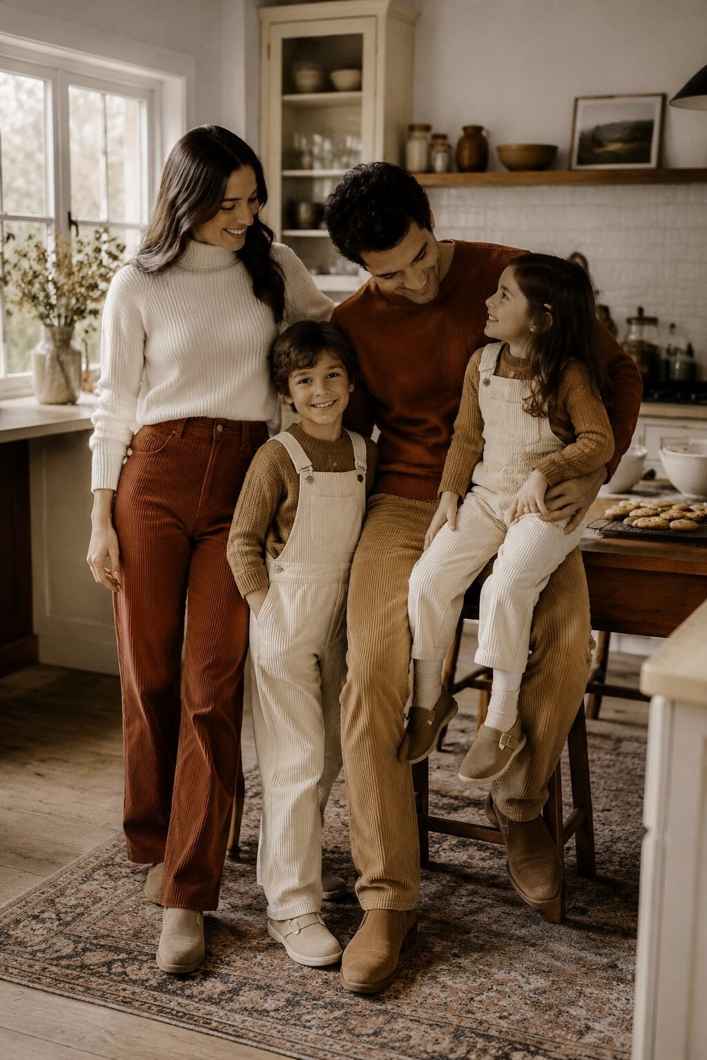 family christmas outfits in rust, camel, and cream corduroy for a cookie-baking afternoon