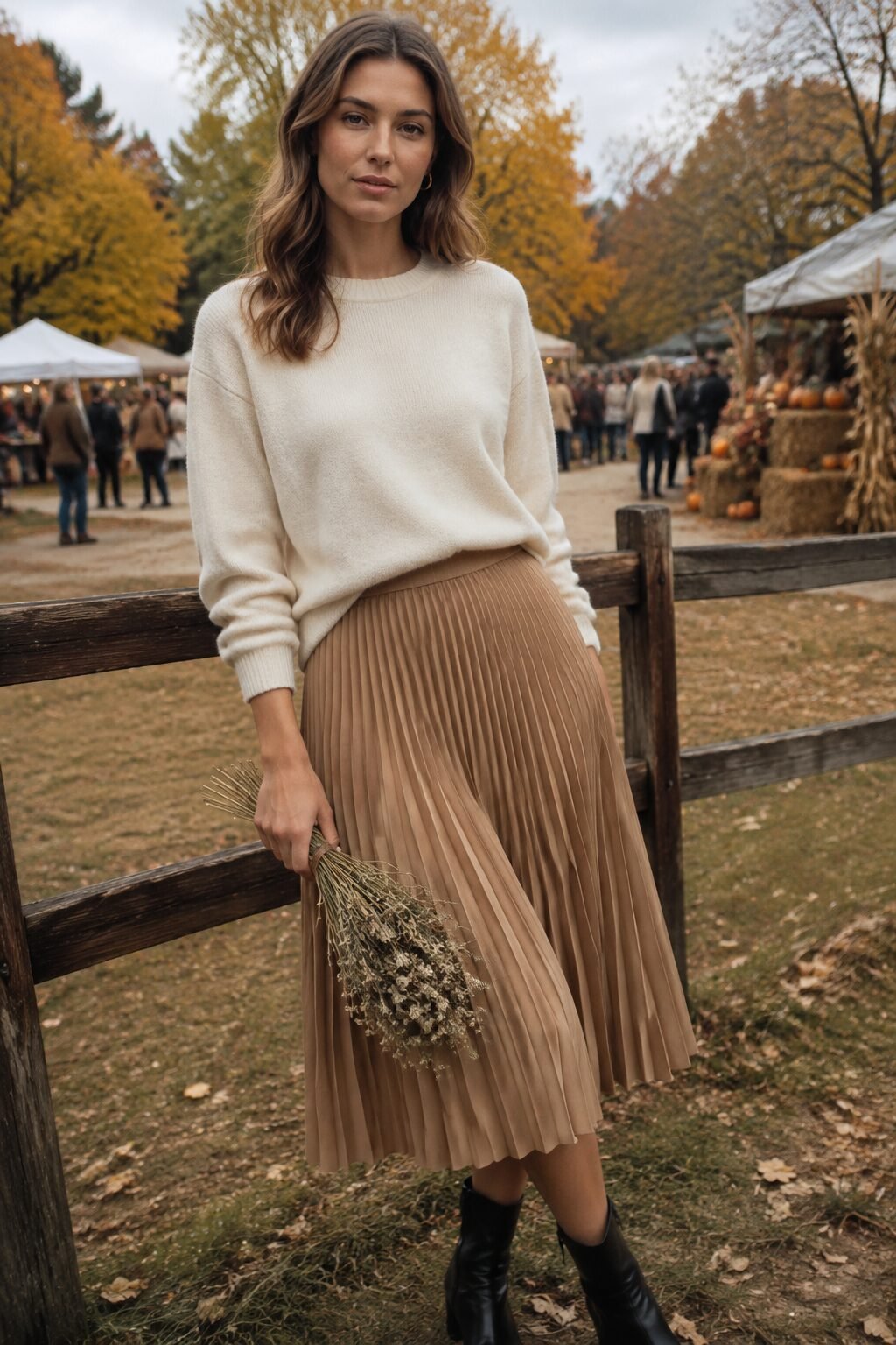 cream cashmere sweater tucked into camel pleated midi skirt with black ankle boots, fall festival outfit