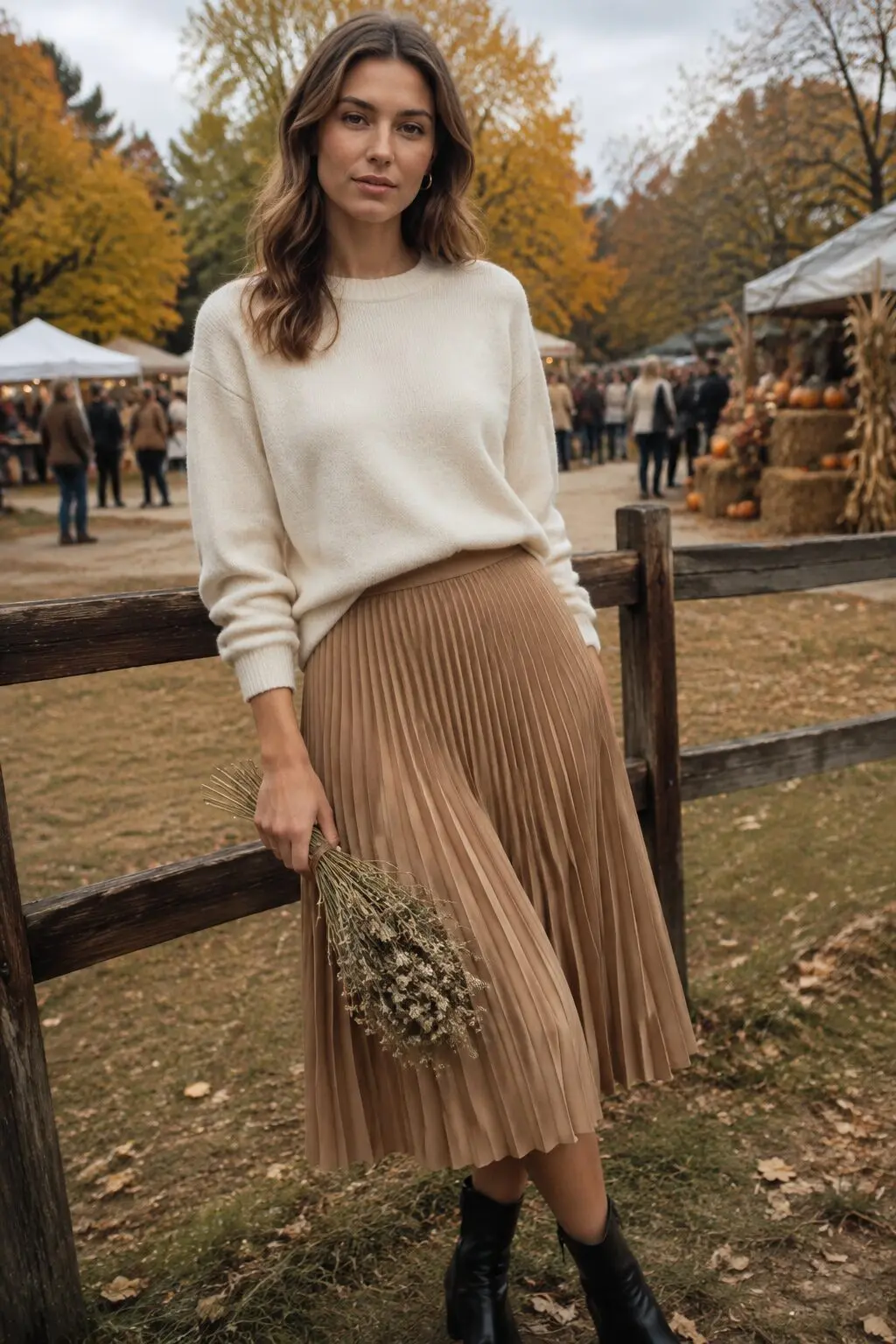 cream cashmere sweater tucked into camel pleated midi skirt with black ankle boots, fall festival outfit