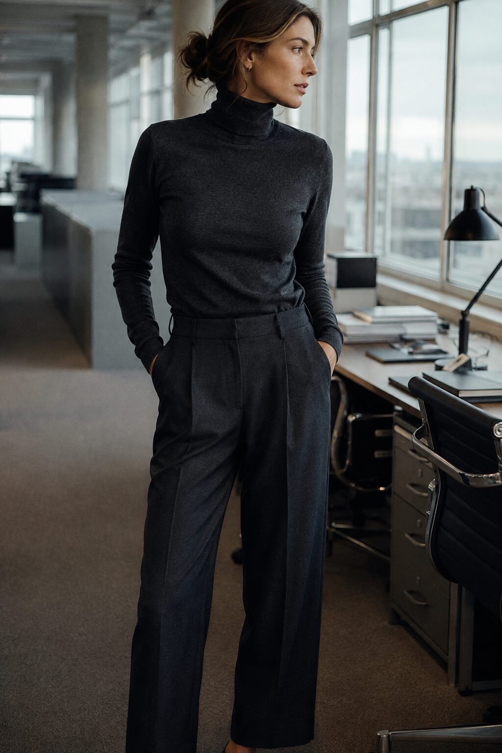fall capsule wardrobe outfit idea: charcoal turtleneck and straight-leg trousers for an early Monday meeting