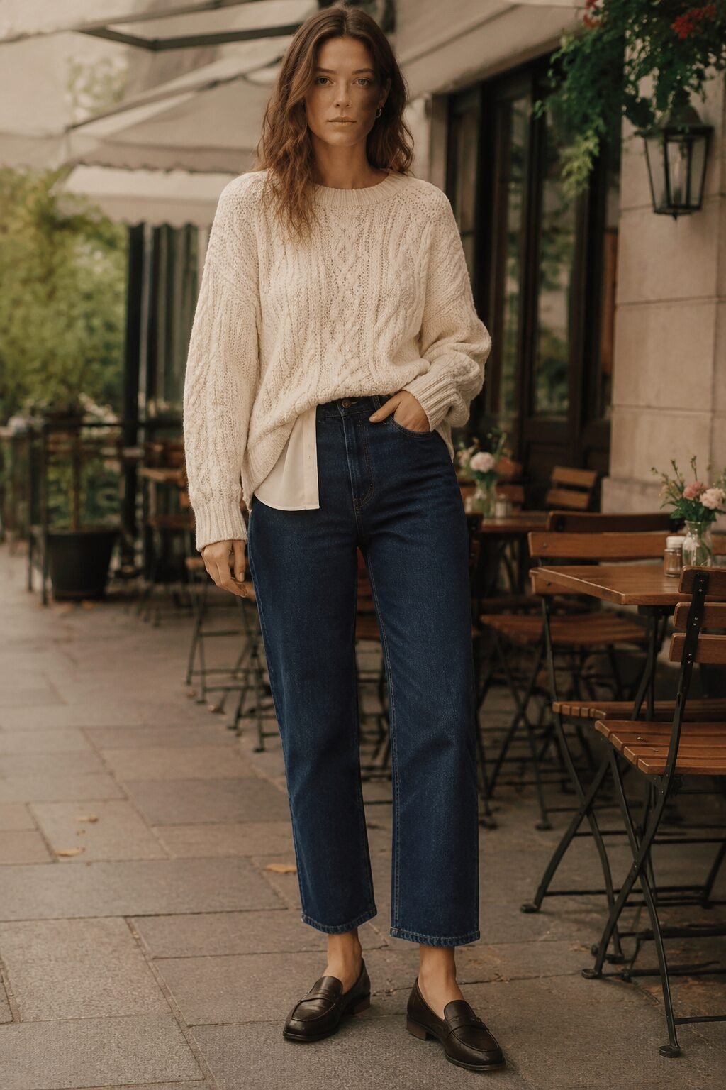 Polished denim outfit idea: cropped straight-leg jeans and an oversized cream cable knit sweater for weekend brunch