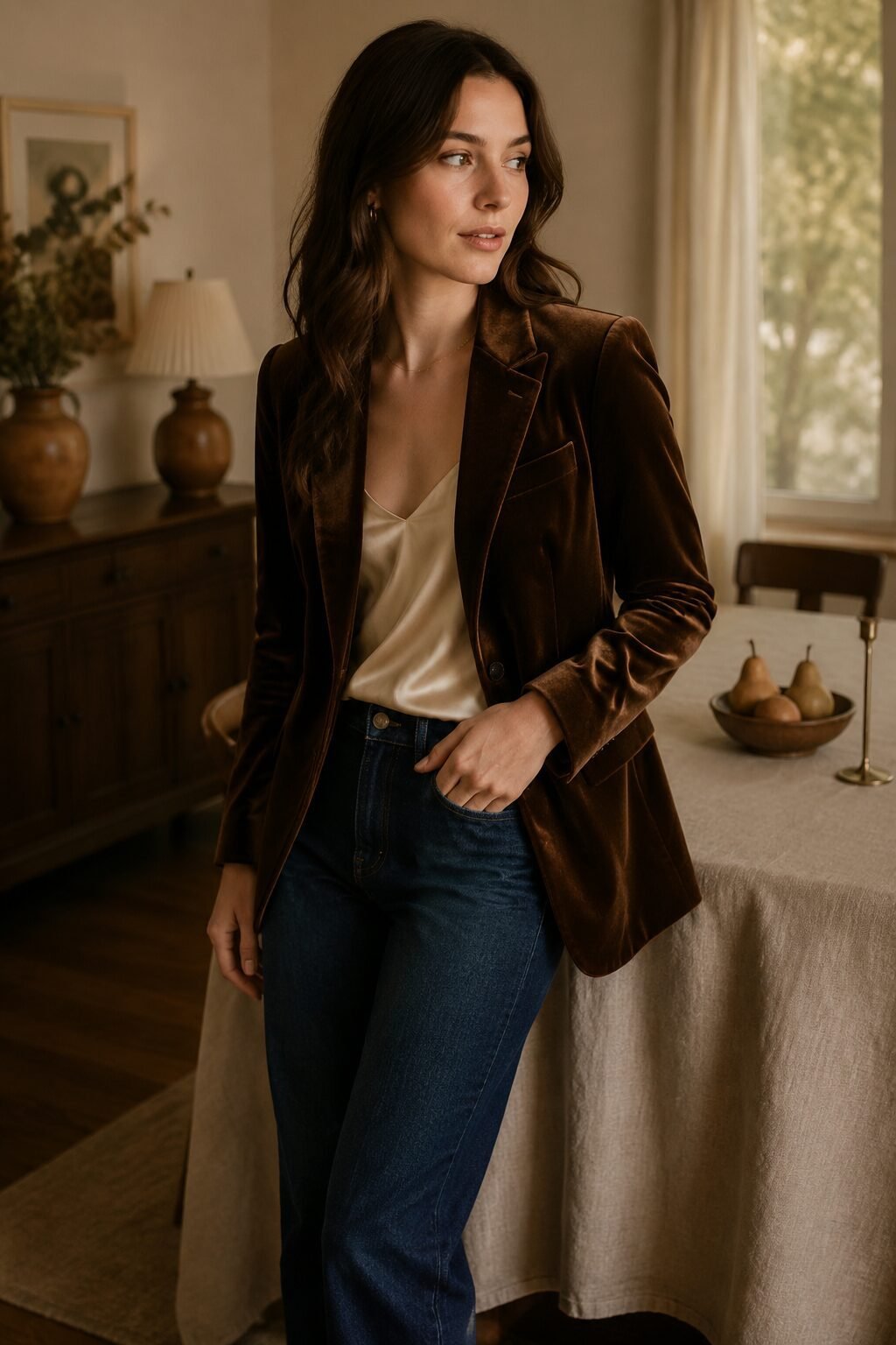 fall dinner-party denim and blazer outfit: chocolate velvet blazer over true indigo straight-leg jeans