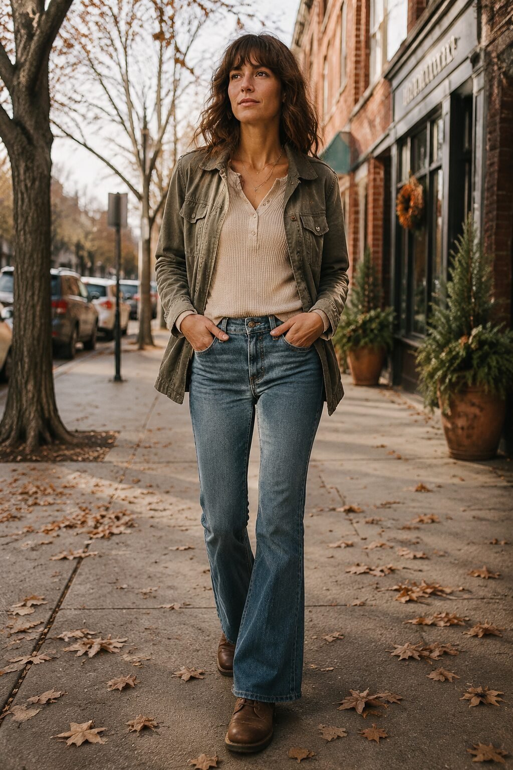 90s bootcut jeans outfit idea for fall: waffle-knit henley, olive utility field jacket, and lace-up boots