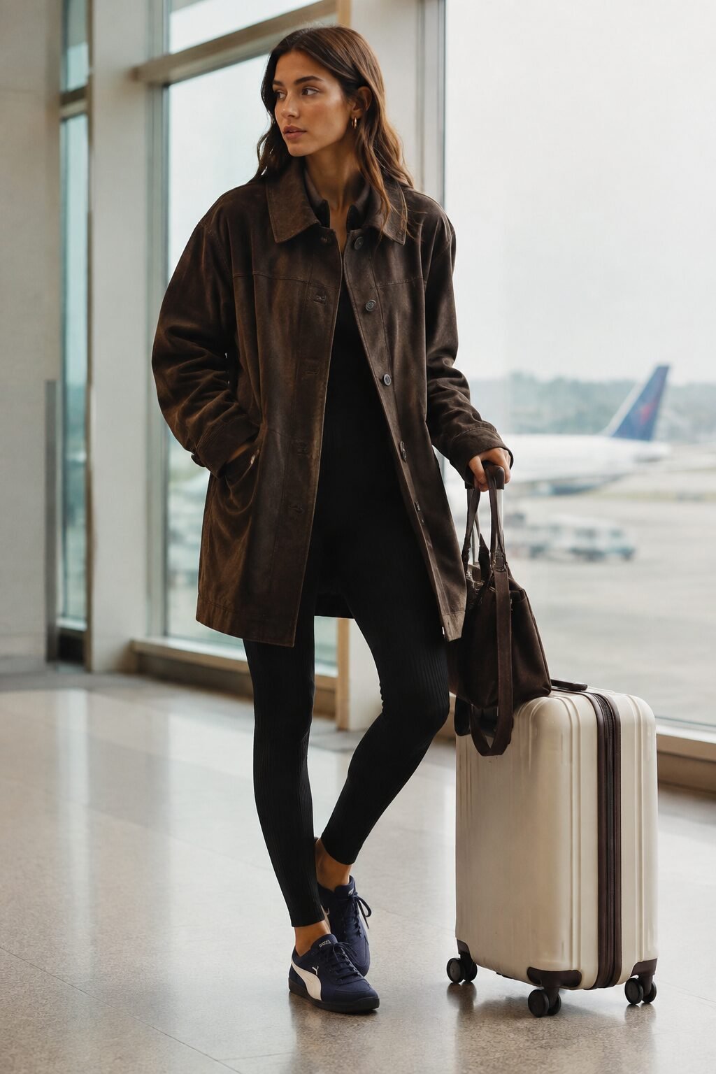 suede jacket outfit ideas for travel: chocolate suede jacket over black leggings with navy sneakers