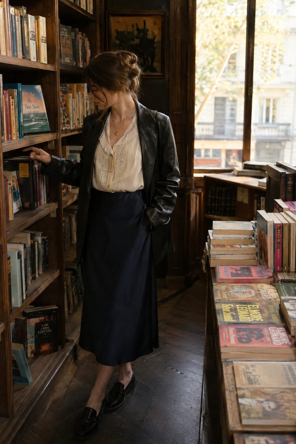 fall capsule wardrobe office outfit: ecru lace blouse and navy silk skirt with a black leather blazer and black loafers
